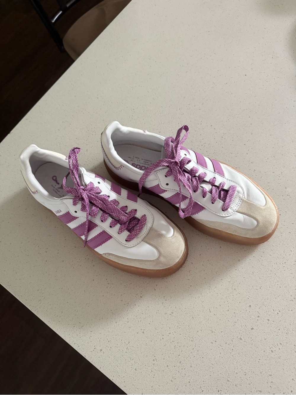 adidas White Sneakers with Purple Stripes and Gum Sole